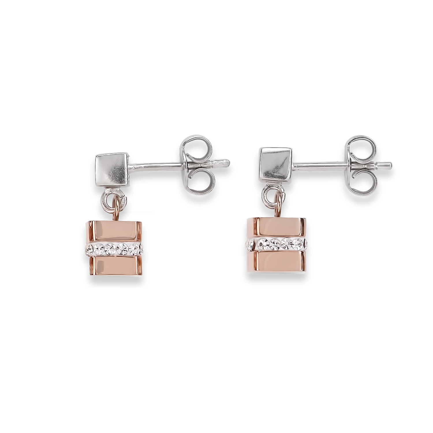 Boucles d'oreille Cube acier inoxydable or rose & cristaux pavé cristal