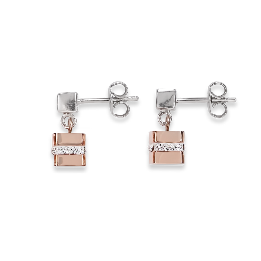 Boucles d'oreille Cube acier inoxydable or rose & cristaux pavé cristal