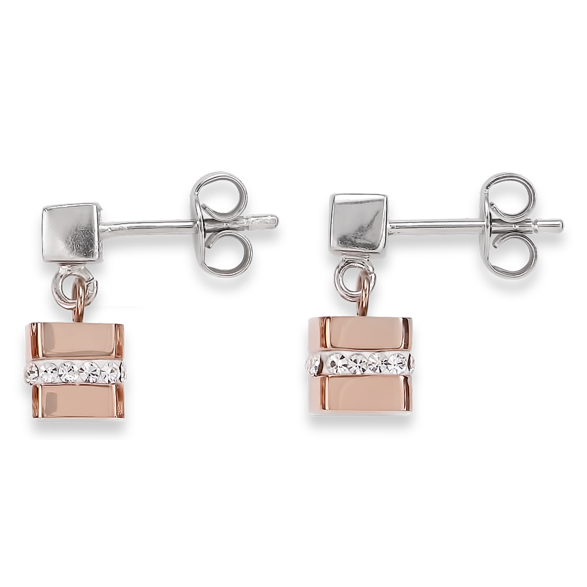 Boucles d'oreille Cube acier inoxydable or rose & cristaux pavé cristal