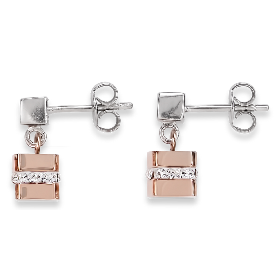 Boucles d'oreille Cube acier inoxydable or rose & cristaux pavé cristal