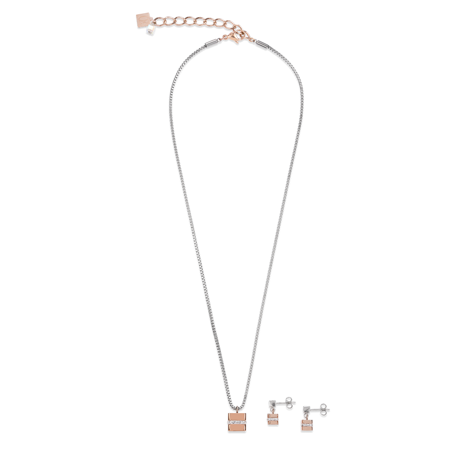 Boucles d'oreille Cube acier inoxydable or rose & cristaux pavé cristal