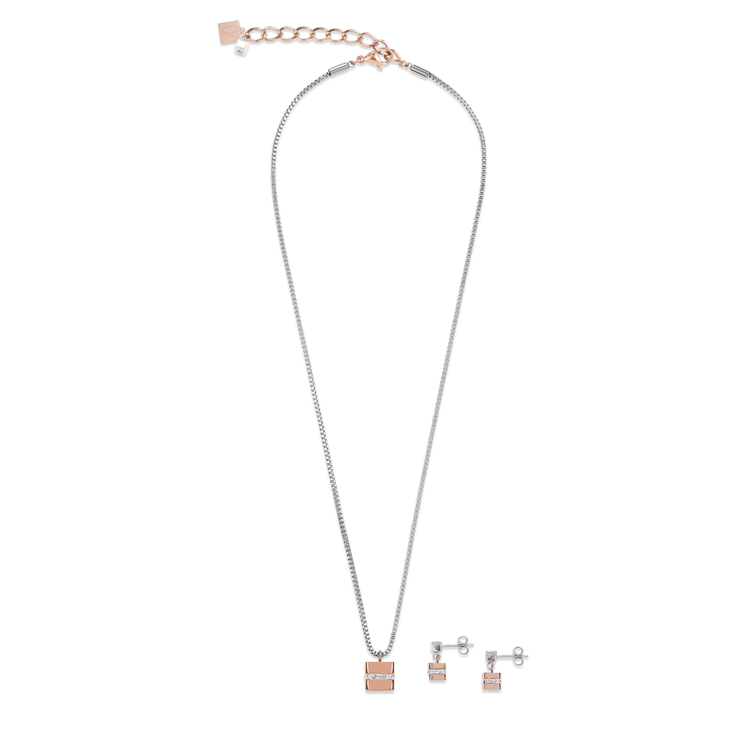 Boucles d'oreille Cube acier inoxydable or rose & cristaux pavé cristal