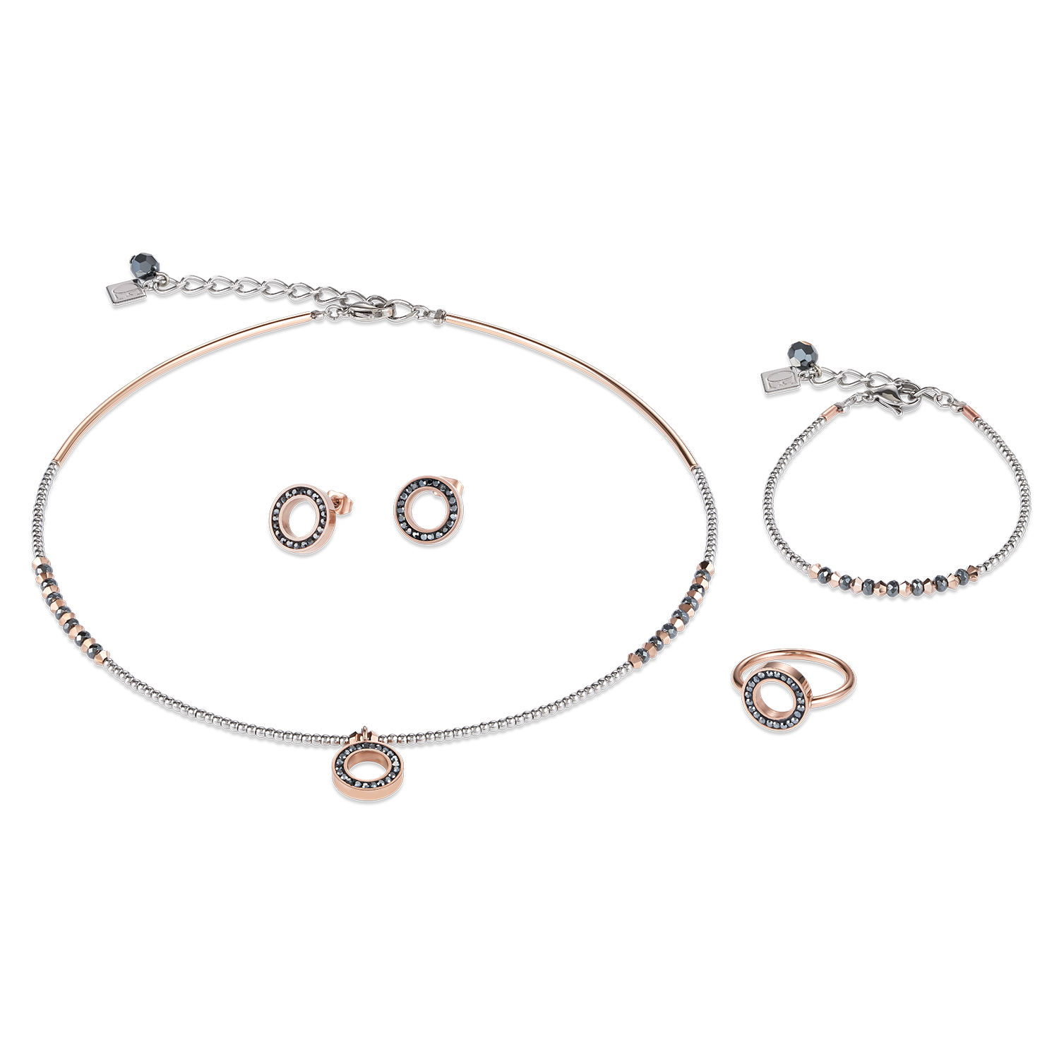 Boucles d'oreille Anneau Cristaux pavé anthracite small & acier inoxydable or rose & argent