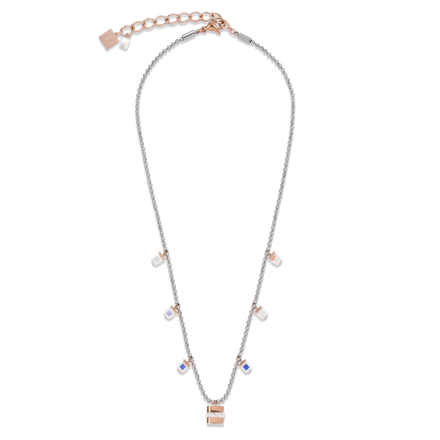 Collier Cube acier inoxydable or rose & cristaux pavé & Cristaux argent-cristal