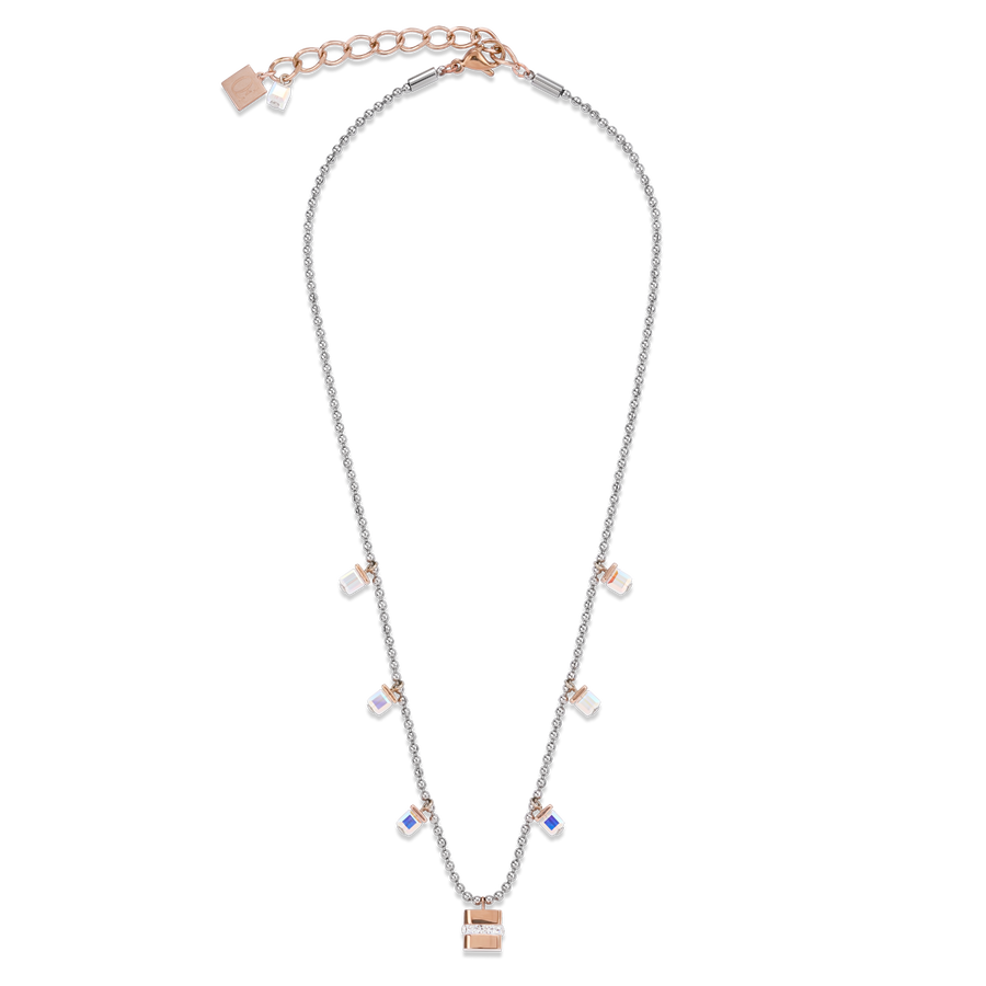 Collier Cube acier inoxydable or rose & cristaux pavé & Cristaux argent-cristal