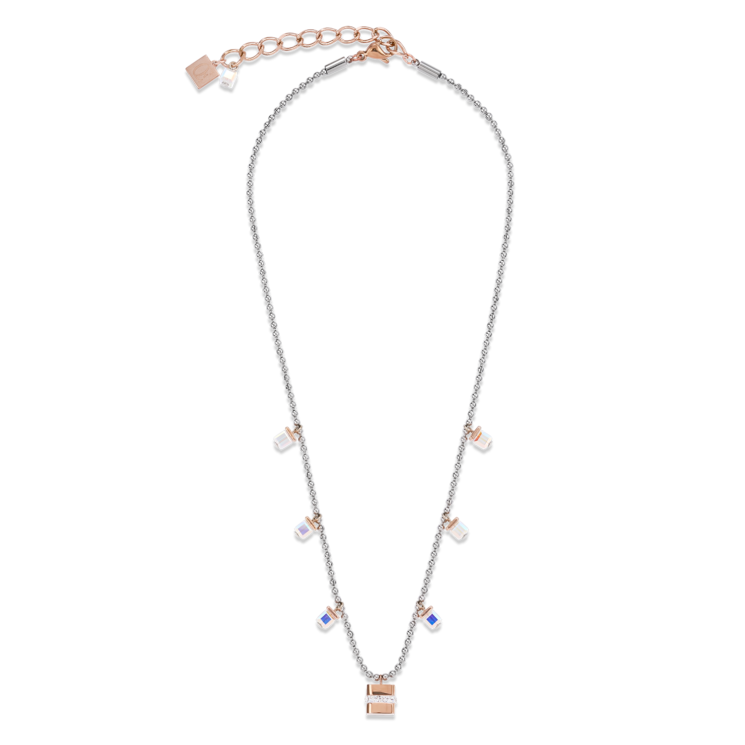 Collier Cube acier inoxydable or rose & cristaux pavé & Cristaux argent-cristal