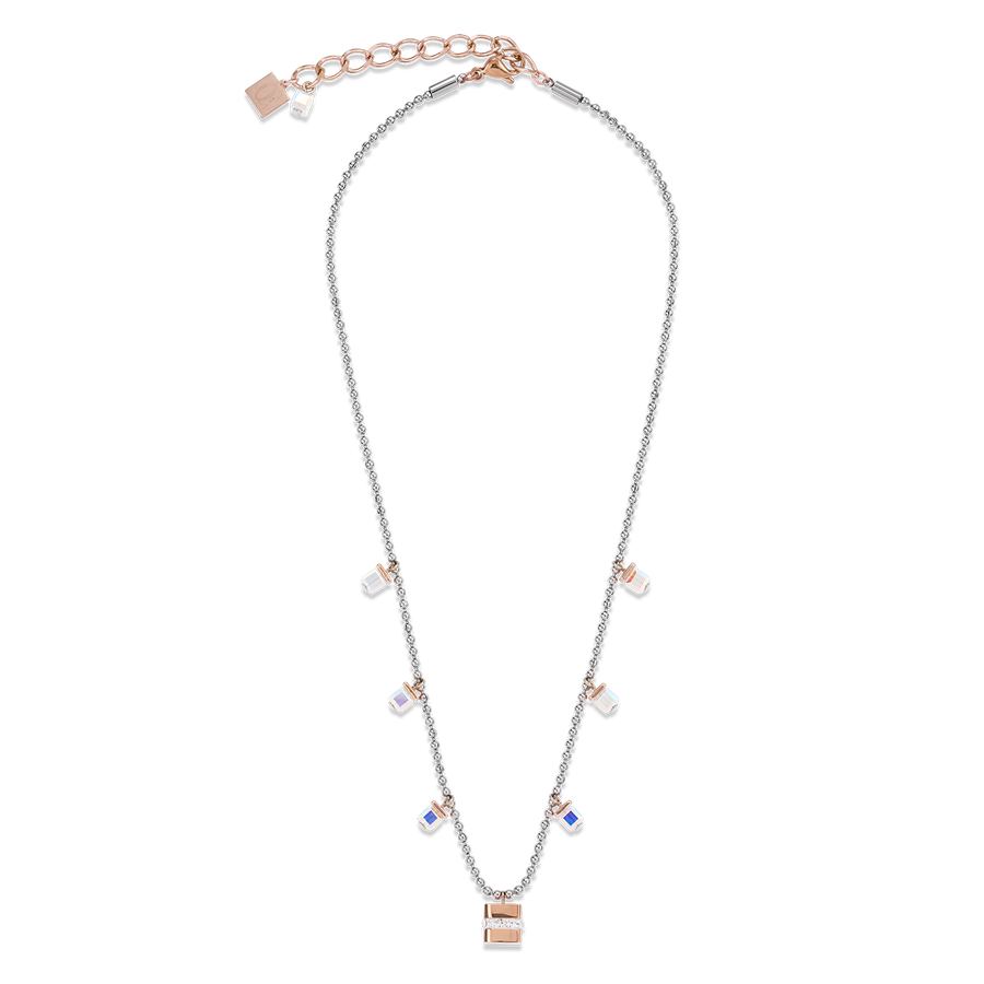 Collier Cube acier inoxydable or rose & cristaux pavé & Cristaux argent-cristal