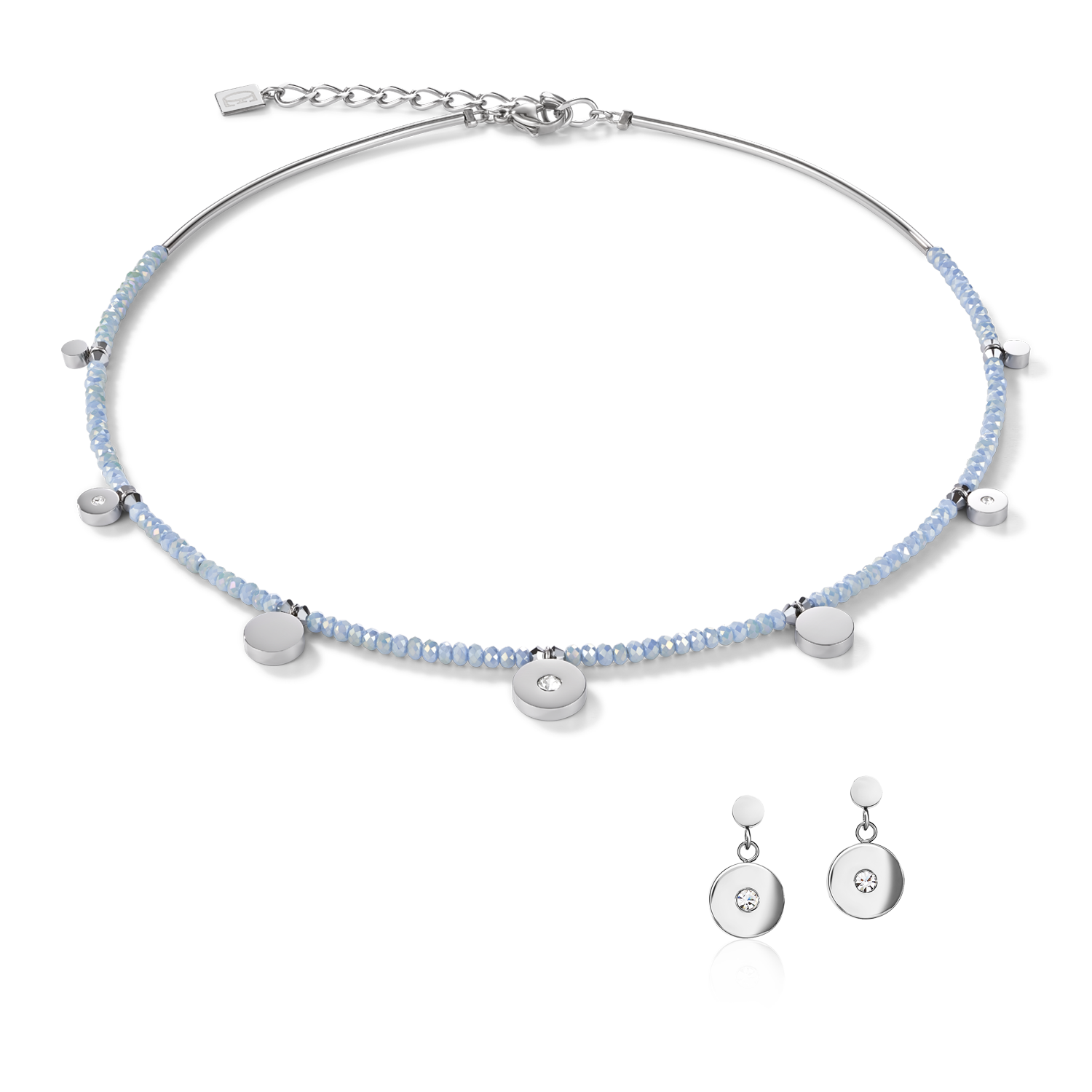 Boucles d'oreille Coins Acier, verre taillé & Cristaux bleu claire