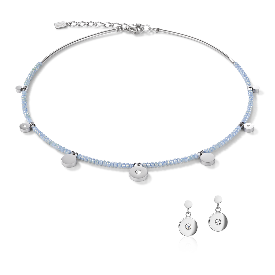 Boucles d'oreille Coins Acier, verre taillé & Cristaux bleu claire