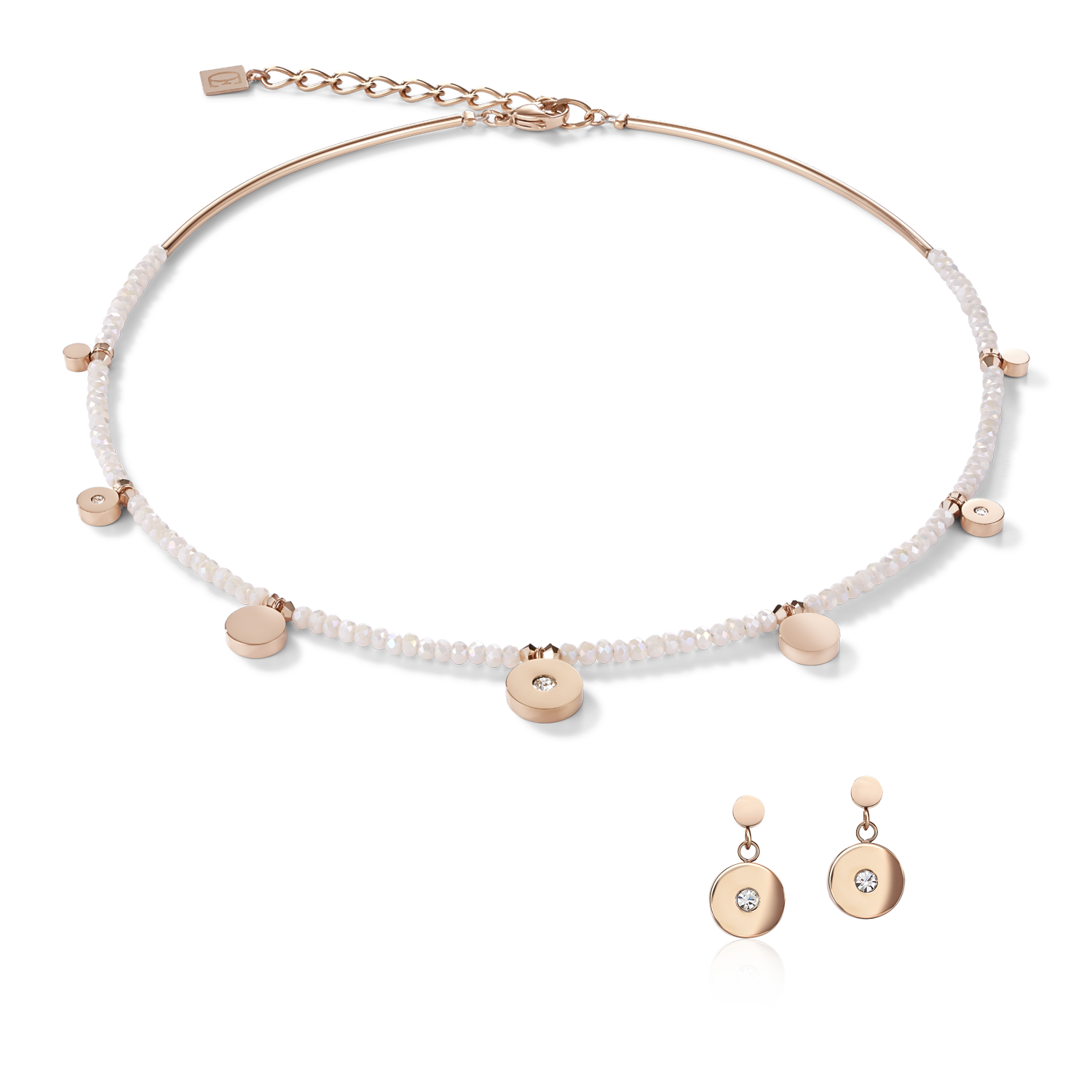 Boucles d'oreille Coins Acier or rose, verre taillé & Cristaux  blanc