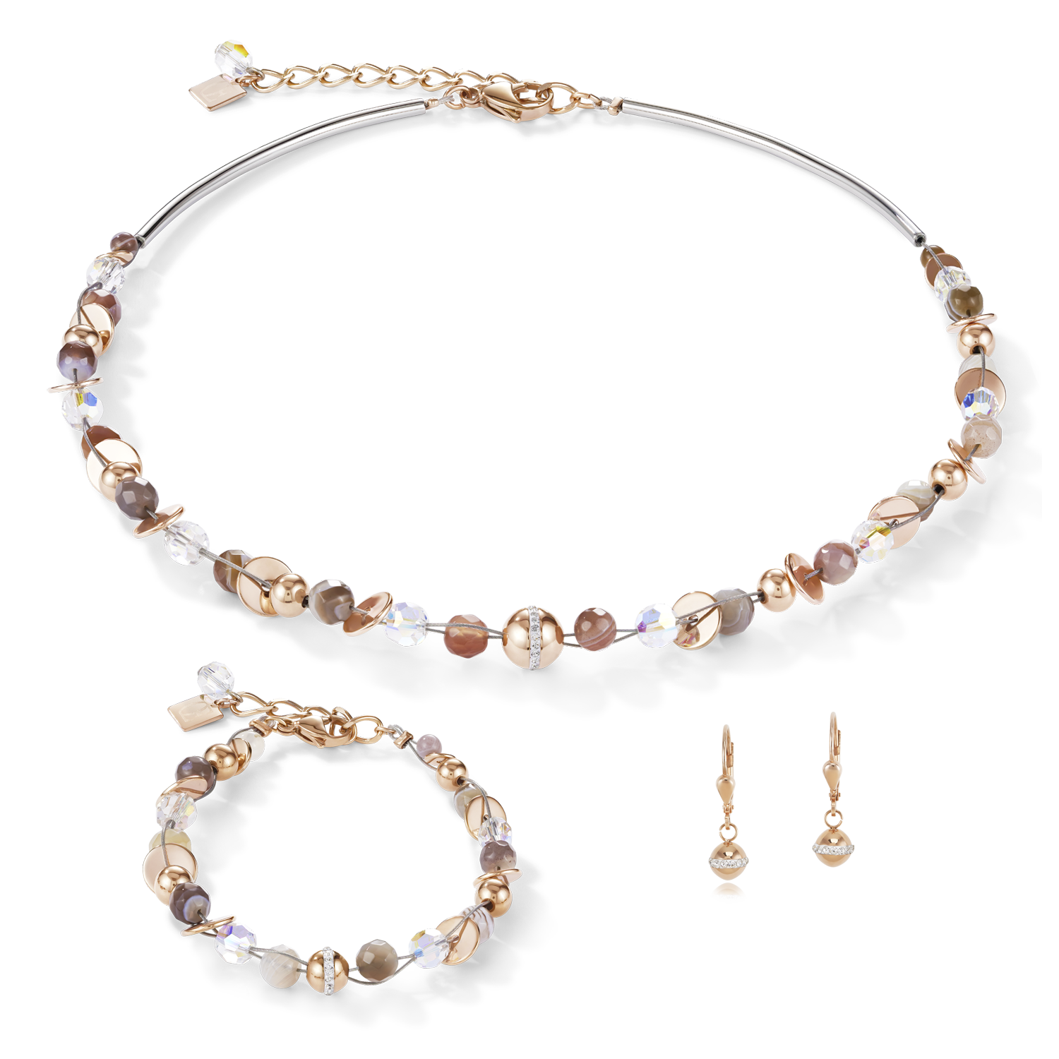 Collier TwistedPEARLS Agate du Botswana & acier inoxydable or rose beige-gris