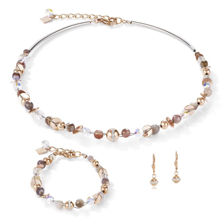Collier TwistedPEARLS Agate du Botswana & acier inoxydable or rose beige-gris