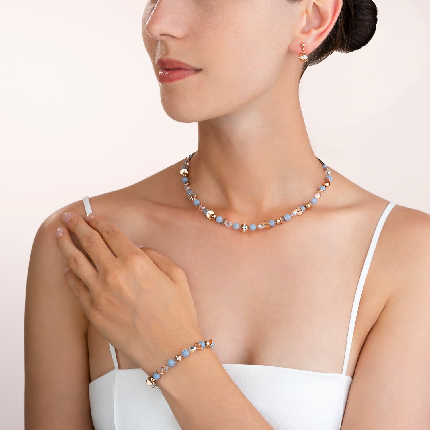 Bracelet TwistedPEARLS Angélite & acier inoxydable or rose bleu clair