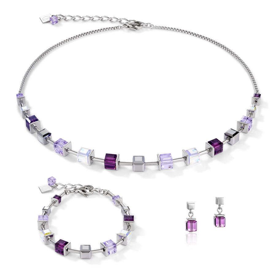 Collier GeoCUBE® Cristaux  & acier inoxydable améthyste