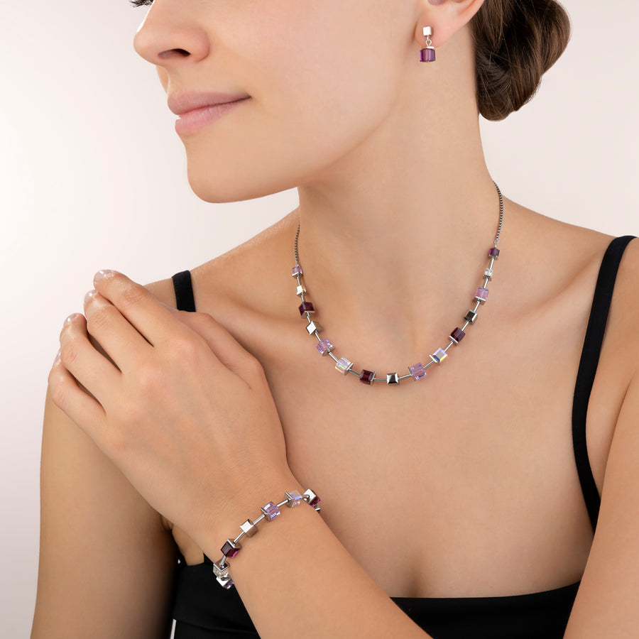 Collier GeoCUBE® Cristaux  & acier inoxydable améthyste