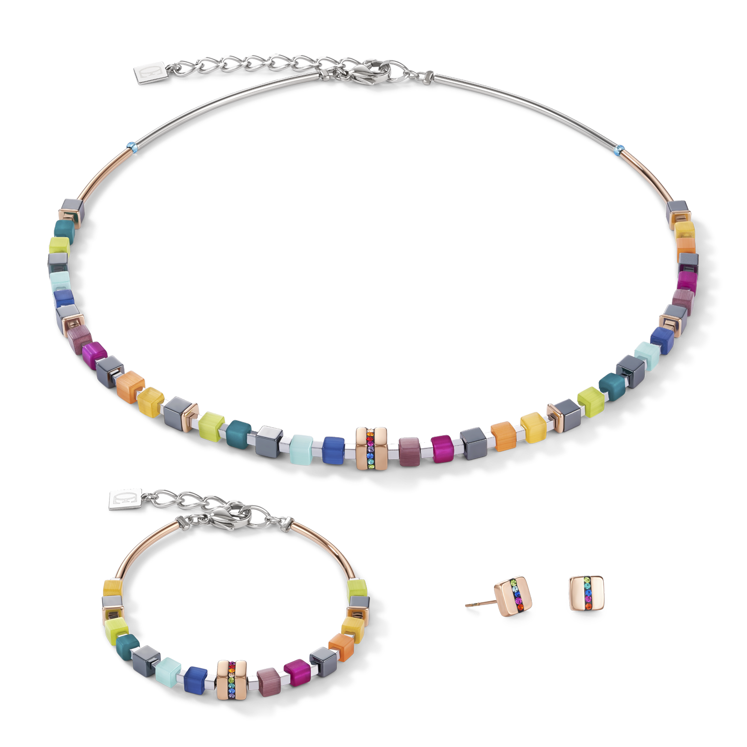 Collier GeoCUBE® Acier inoxydable or rose & cristaux pavé multicolore