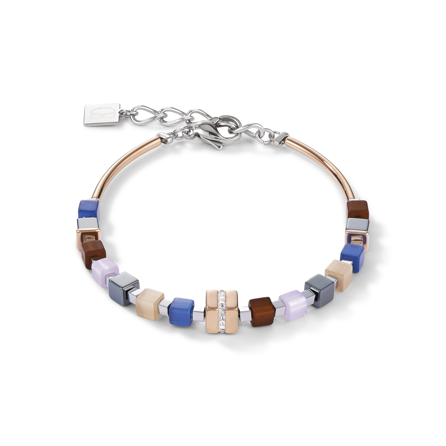 Bracelet GeoCUBE® Acier inoxydable or rose & cristaux pavé bleu-marron