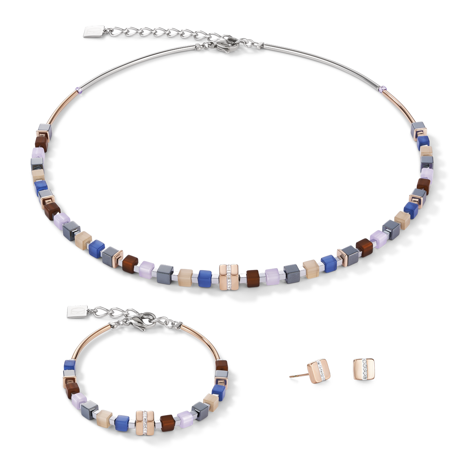 Bracelet GeoCUBE® Acier inoxydable or rose & cristaux pavé bleu-marron