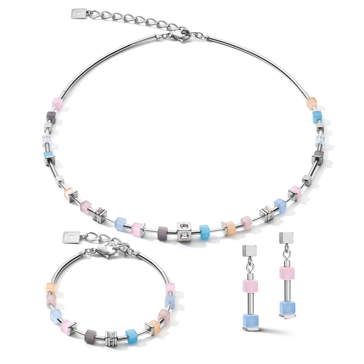 Collier GeoCUBE® fin bleu-rose pastel