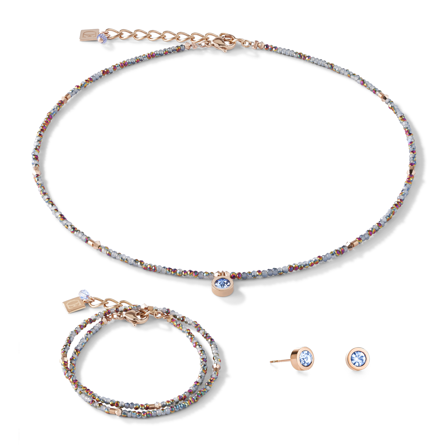 Collier small crystal or rose & bleu claire
