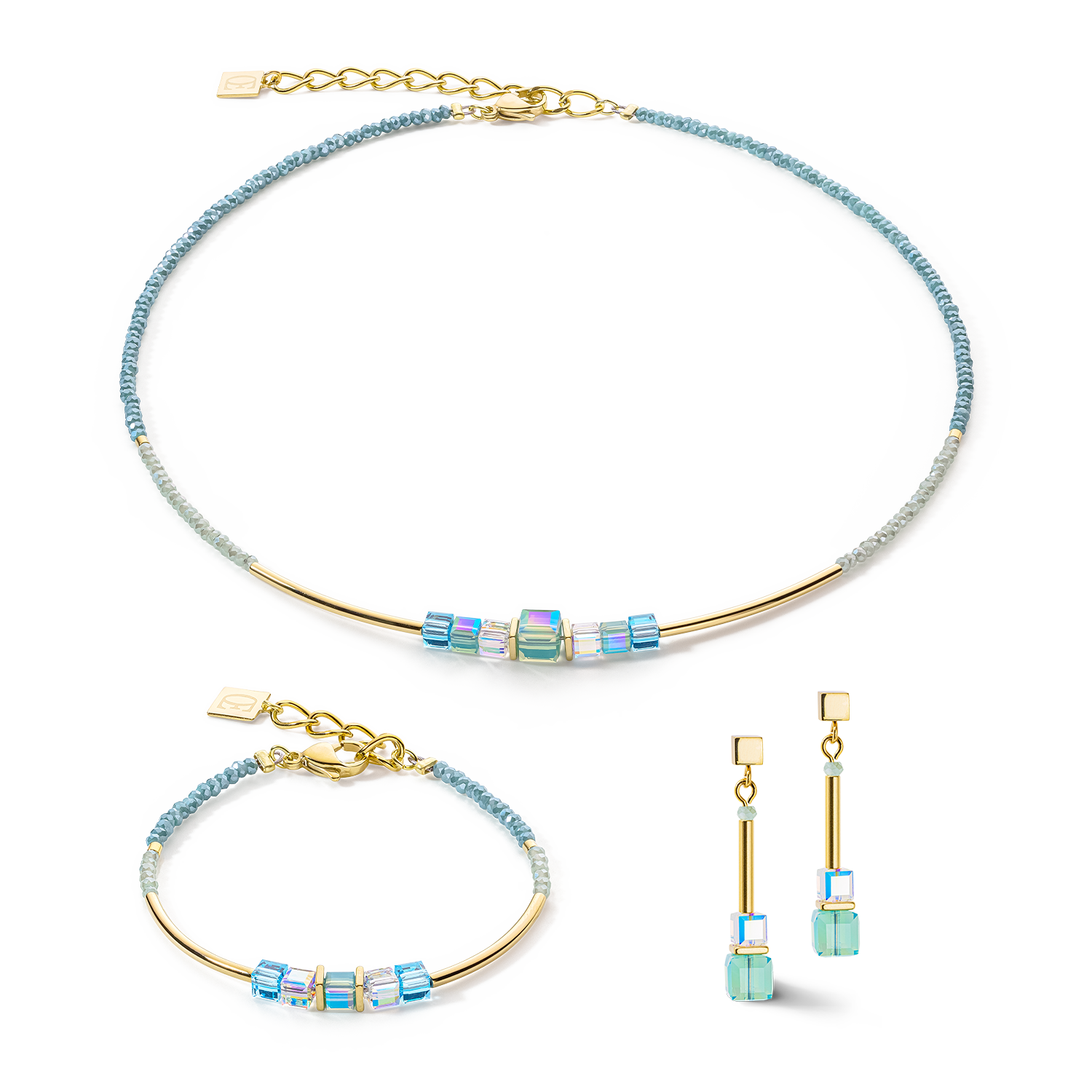 Boucles d'oreille Cube Story Minimalistic or-turquoise