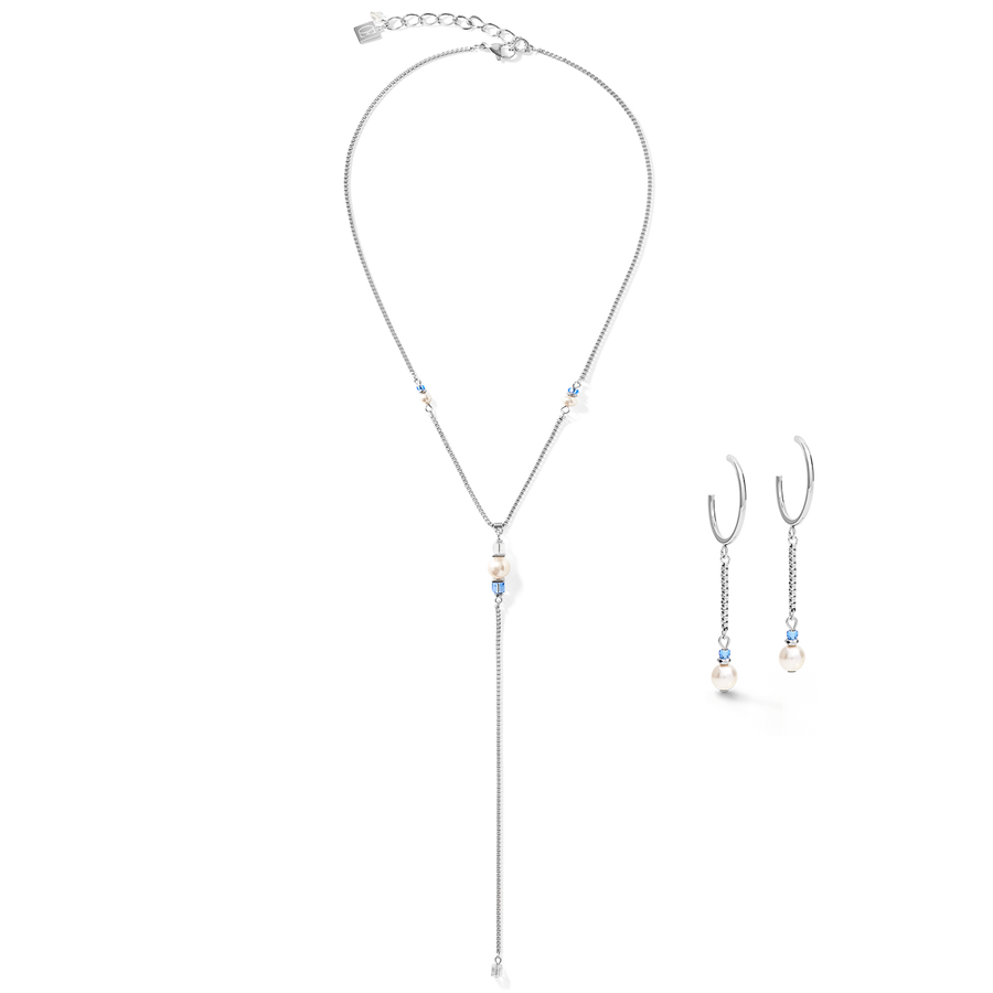 Boucles d'oreille Creole Ypsilon Chain Crystal Pearls, Crystals & acier argent-bleu clair