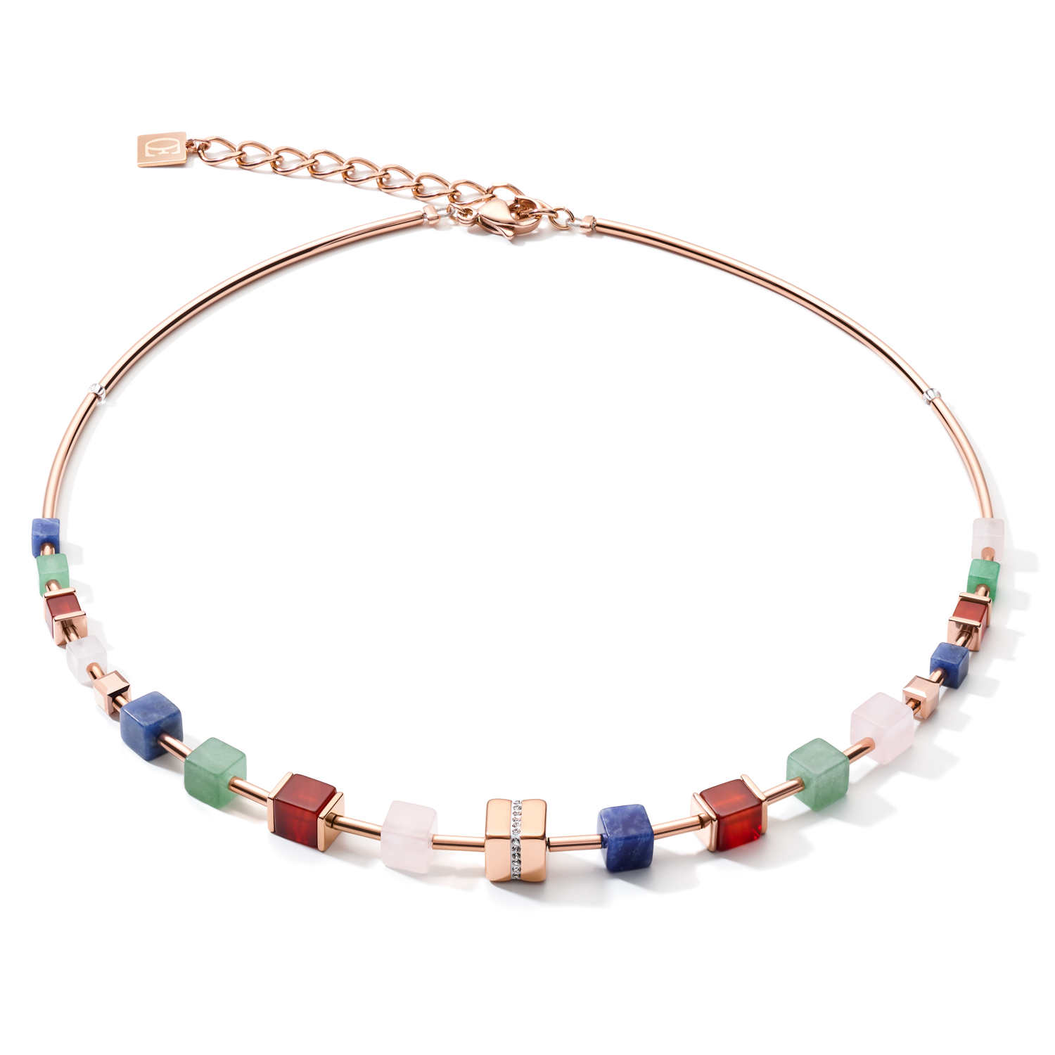 Collier GeoCUBE® big cube pavé de cristaux, pierres précieuses & acier or rose multicolor gemstone