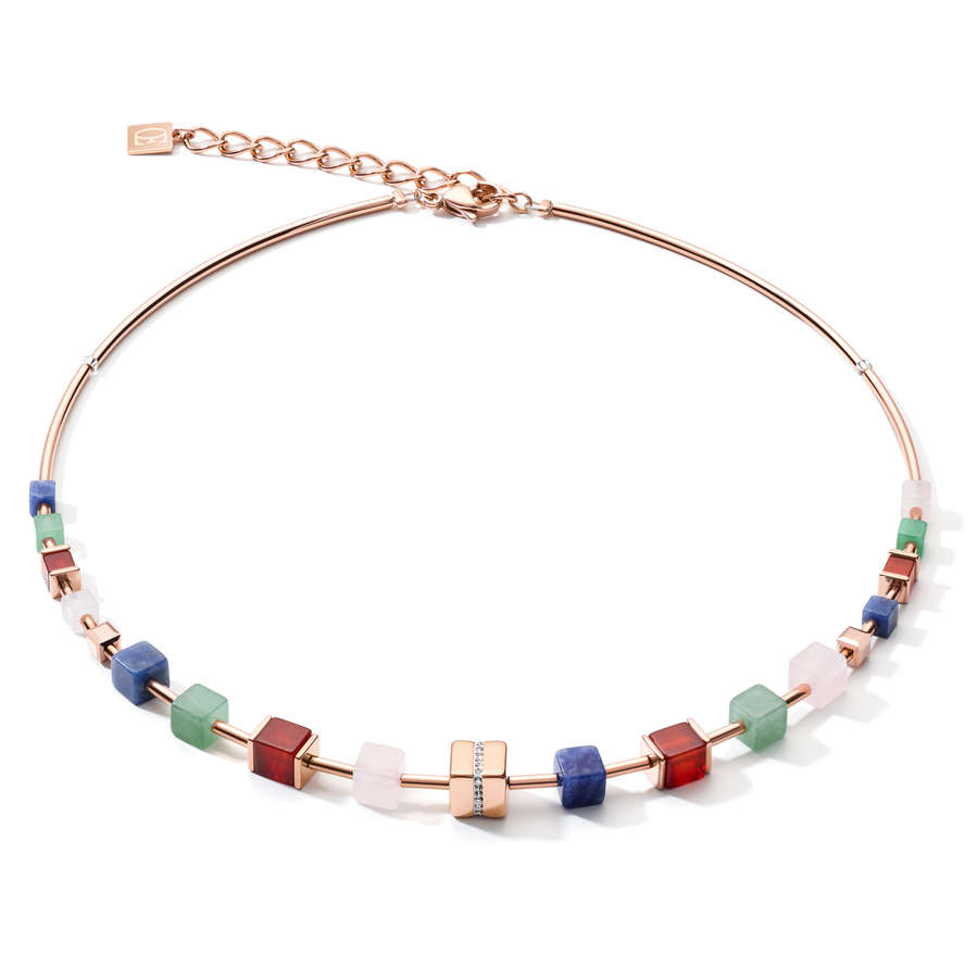 Collier GeoCUBE® big cube pavé de cristaux, pierres précieuses & acier or rose multicolor gemstone