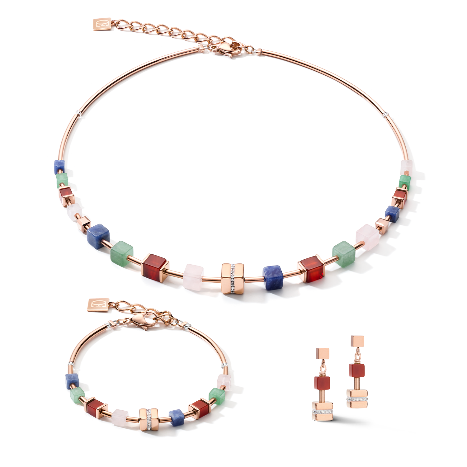 Collier GeoCUBE® big cube pavé de cristaux, pierres précieuses & acier or rose multicolor gemstone