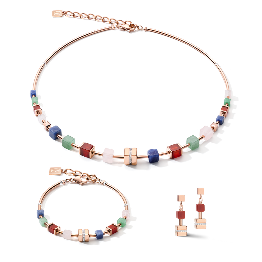 Collier GeoCUBE® big cube pavé de cristaux, pierres précieuses & acier or rose multicolor gemstone