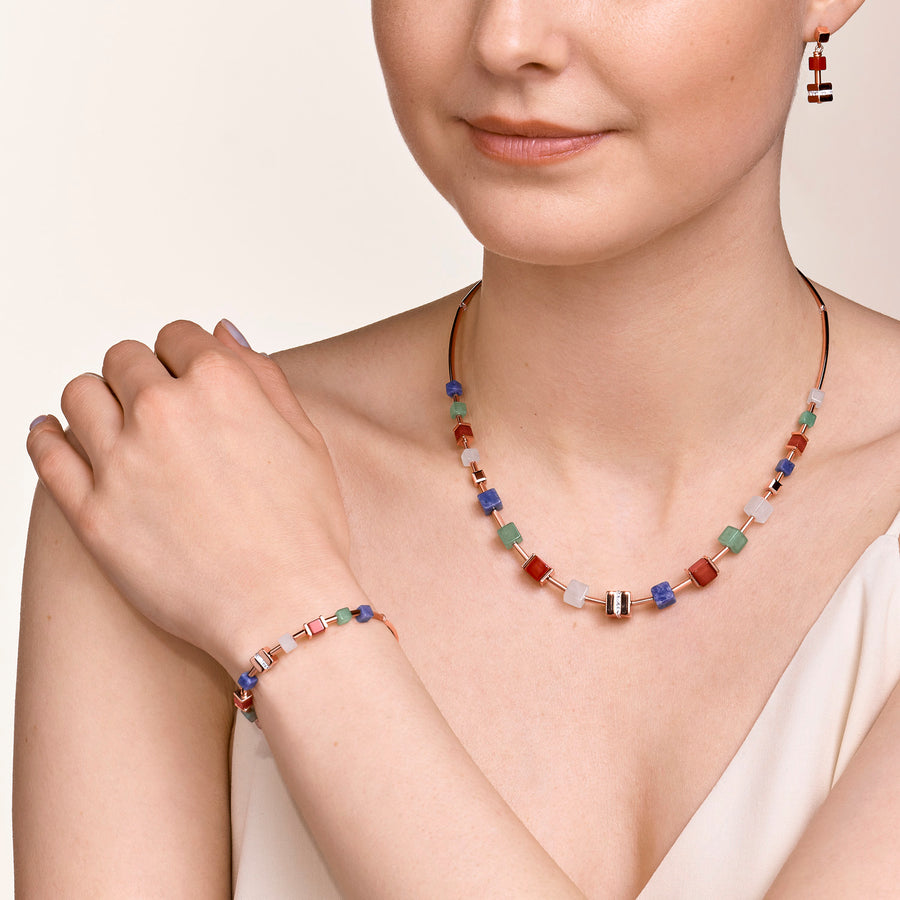Collier GeoCUBE® big cube pavé de cristaux, pierres précieuses & acier or rose multicolor gemstone