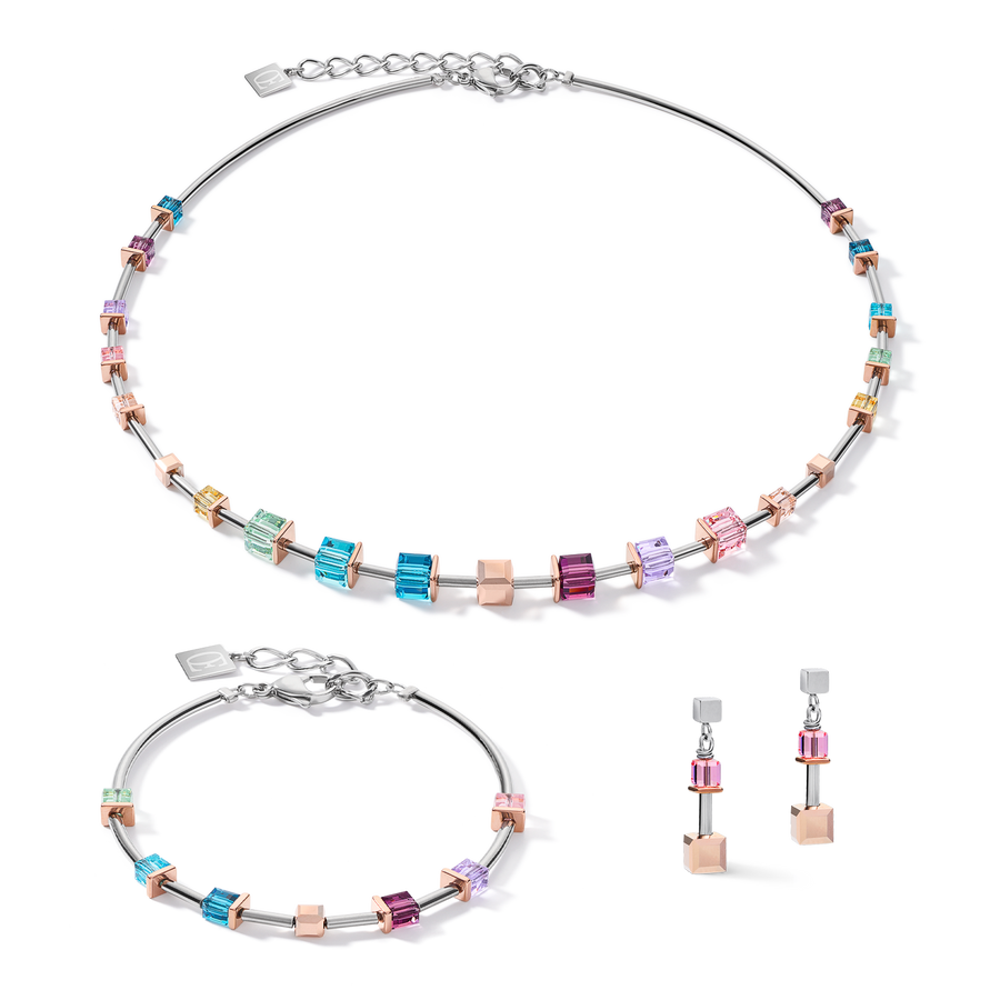 Boucles d'oreille GeoCUBE® Cristaux  & acier or rose-argent multicolore Art Nouveau