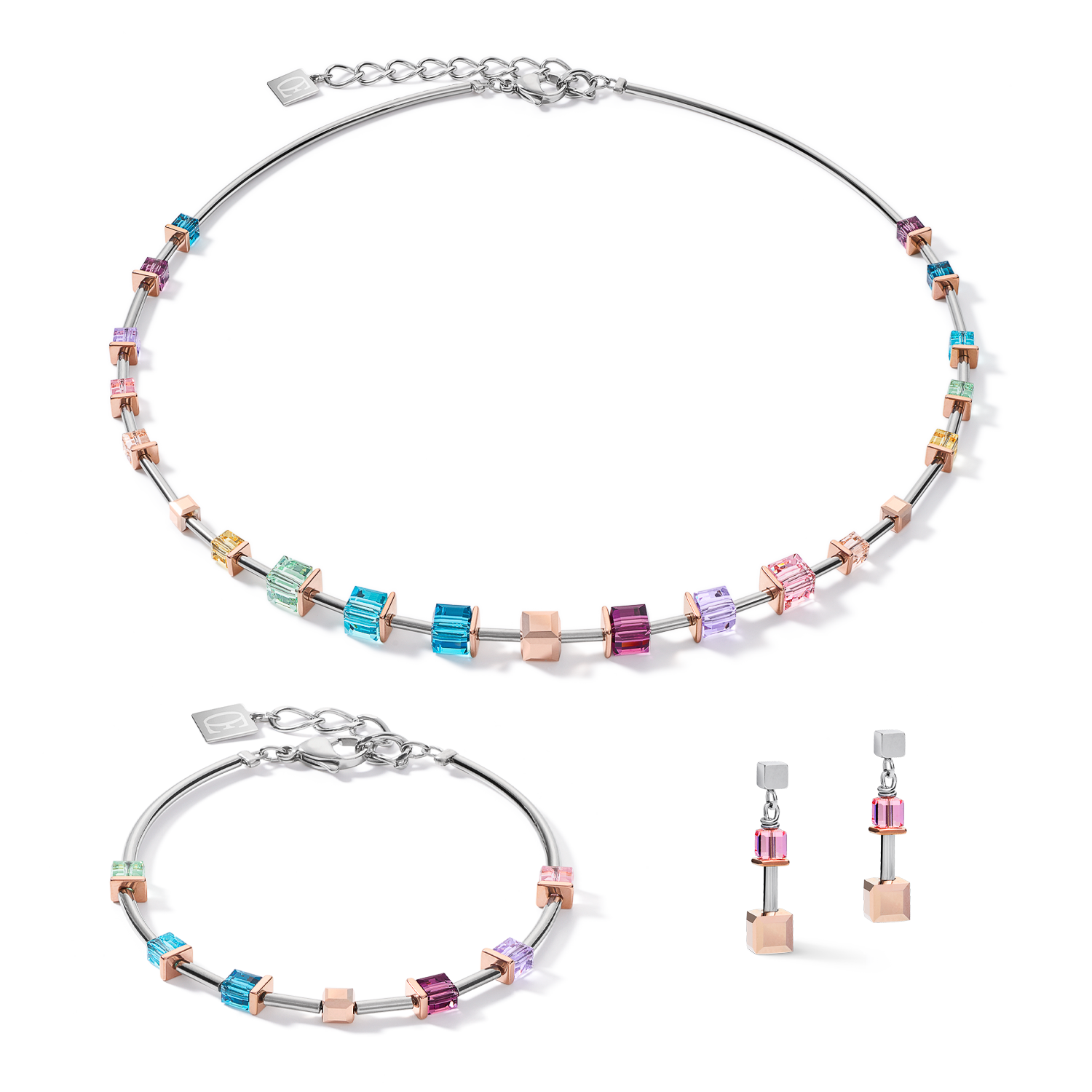 Boucles d'oreille GeoCUBE® Cristaux  & acier or rose-argent multicolore Art Nouveau