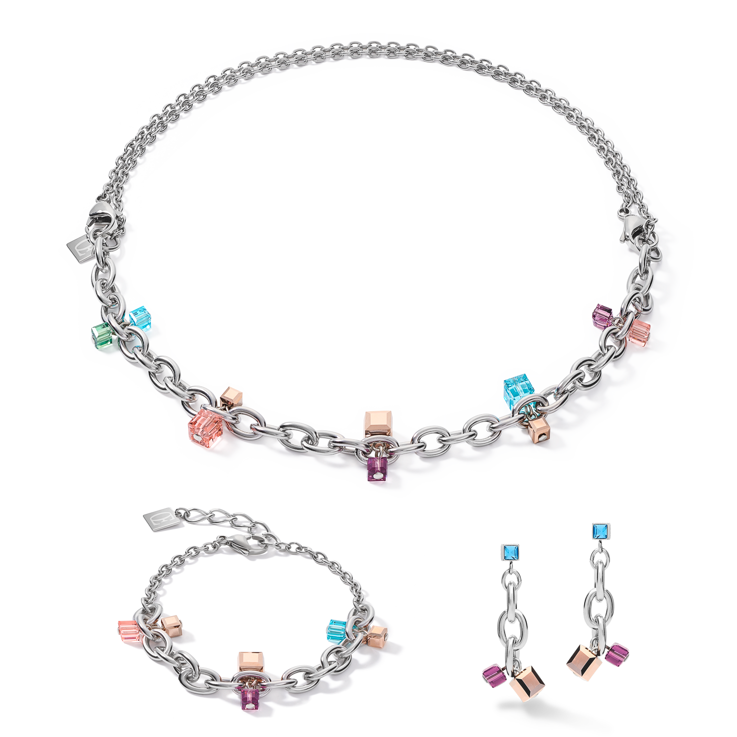 Collier casual & chunky chain acier & Cristaux  argent-multicolore Art Nouveau