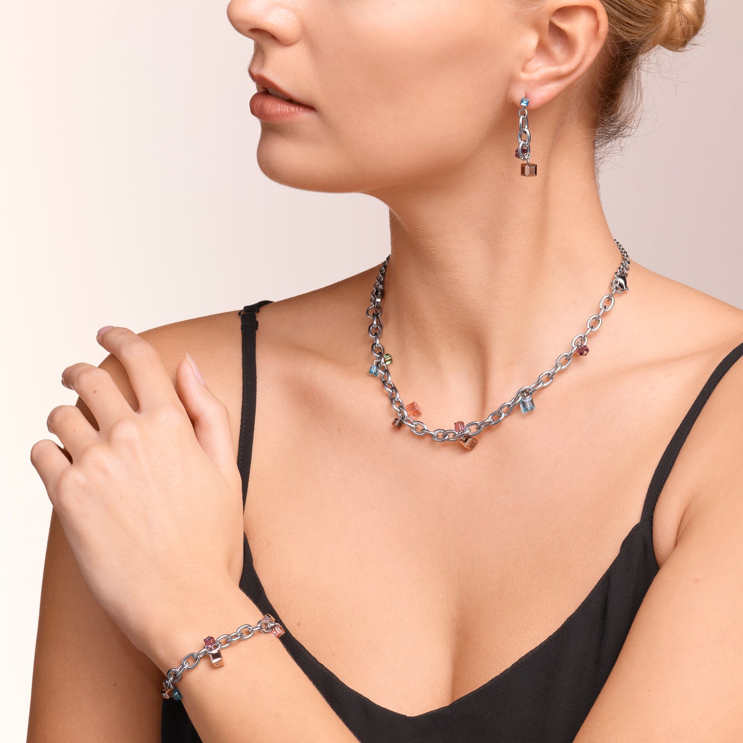 Collier casual & chunky chain acier & Cristaux  argent-multicolore Art Nouveau