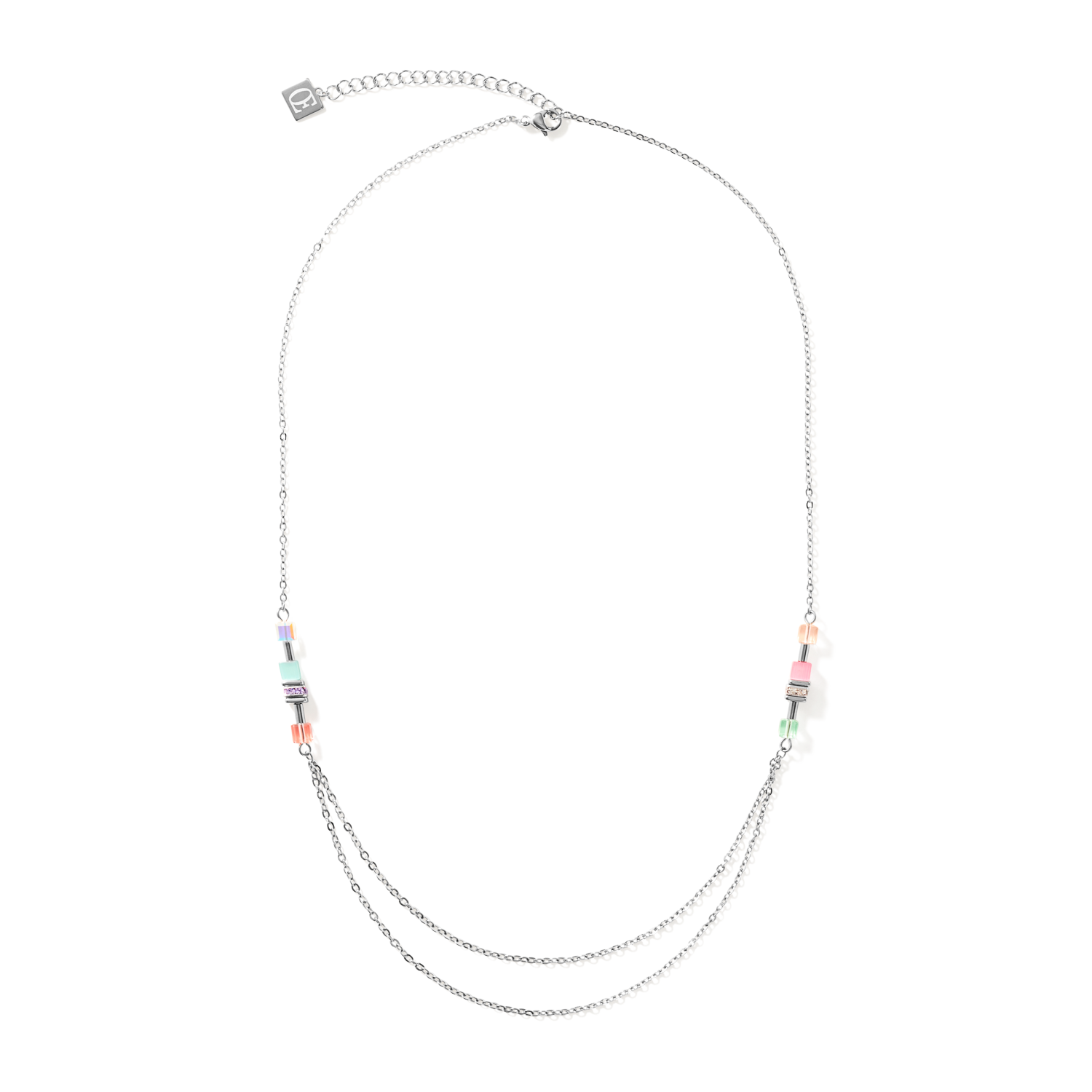 Collier GeoCUBE® double chain long acier argent multicolore-pastel