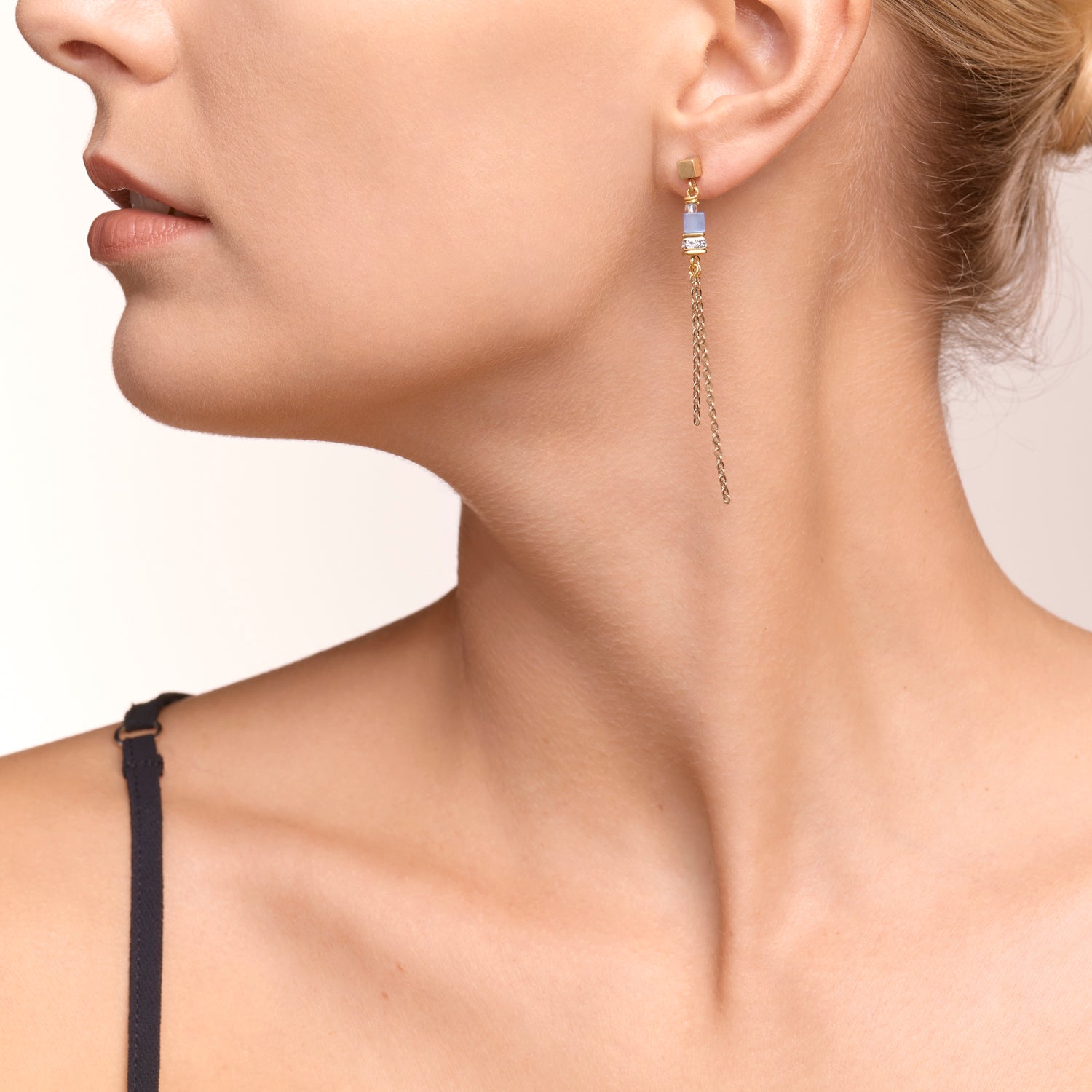 Boucles d'oreille GeoCUBE® double chain long acier or-bleu