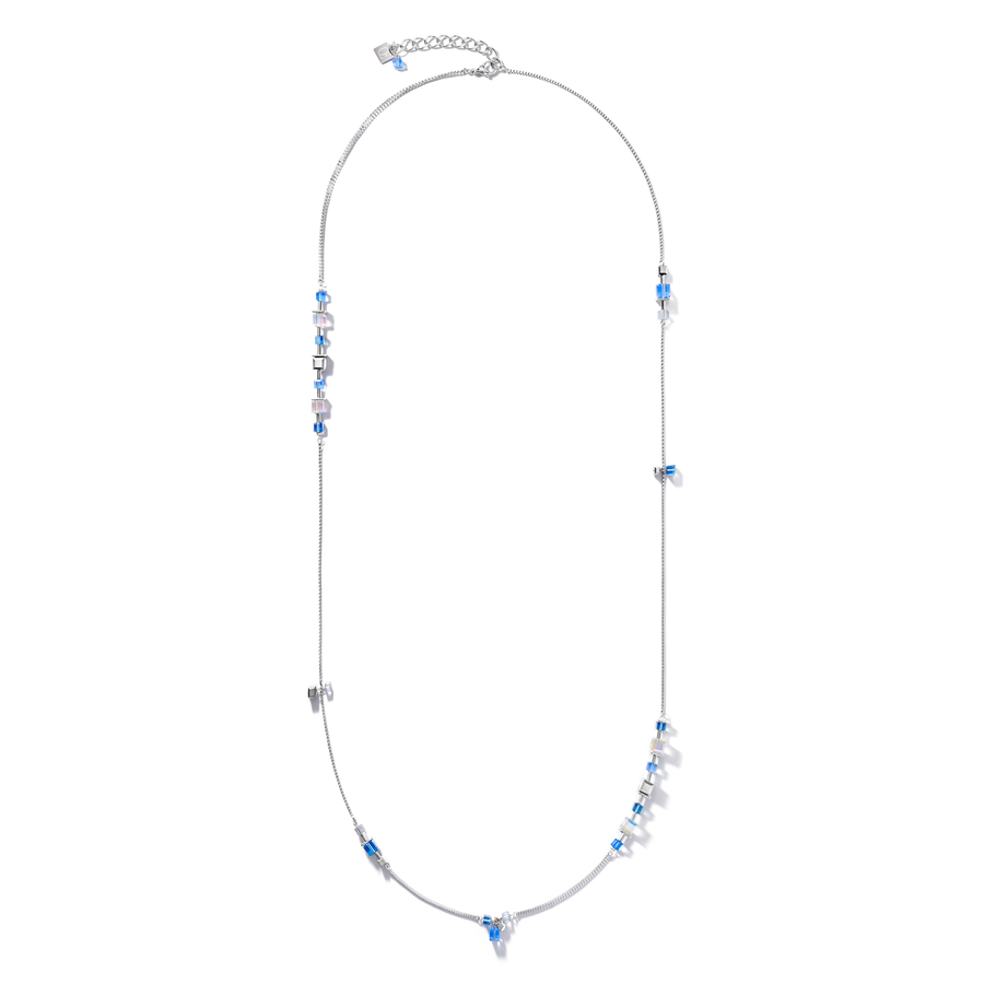 Collier GeoCUBE® chain long acier & Cristaux  argent-bleu