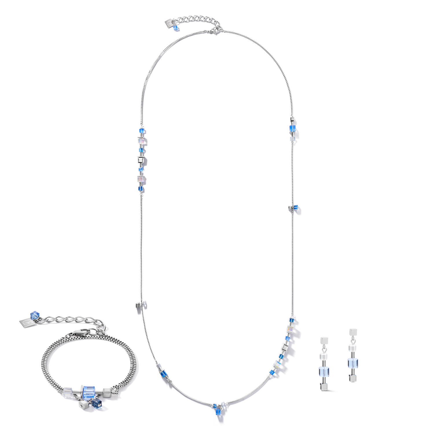 Collier GeoCUBE® chain long acier & Cristaux  argent-bleu