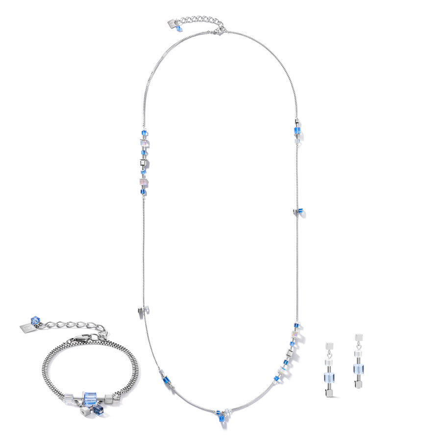 Collier GeoCUBE® chain long acier & Cristaux  argent-bleu