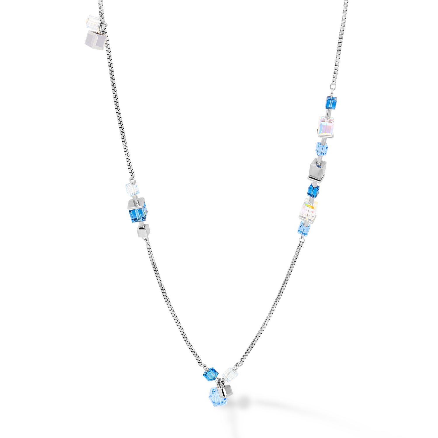 Collier GeoCUBE® chain long acier & Cristaux  argent-bleu