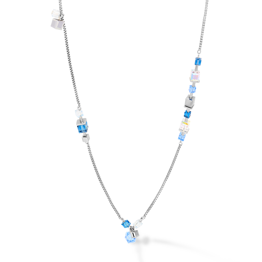 Collier GeoCUBE® chain long acier & Cristaux  argent-bleu