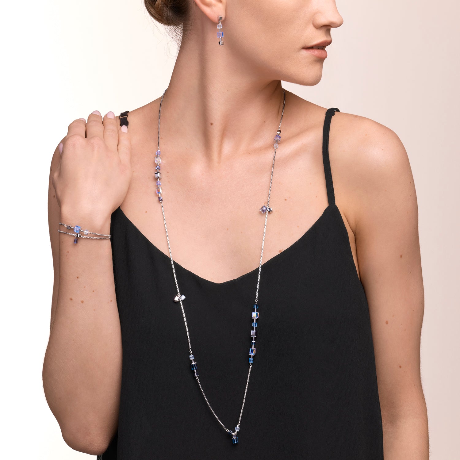 Collier GeoCUBE® chain long acier & Cristaux  argent-bleu