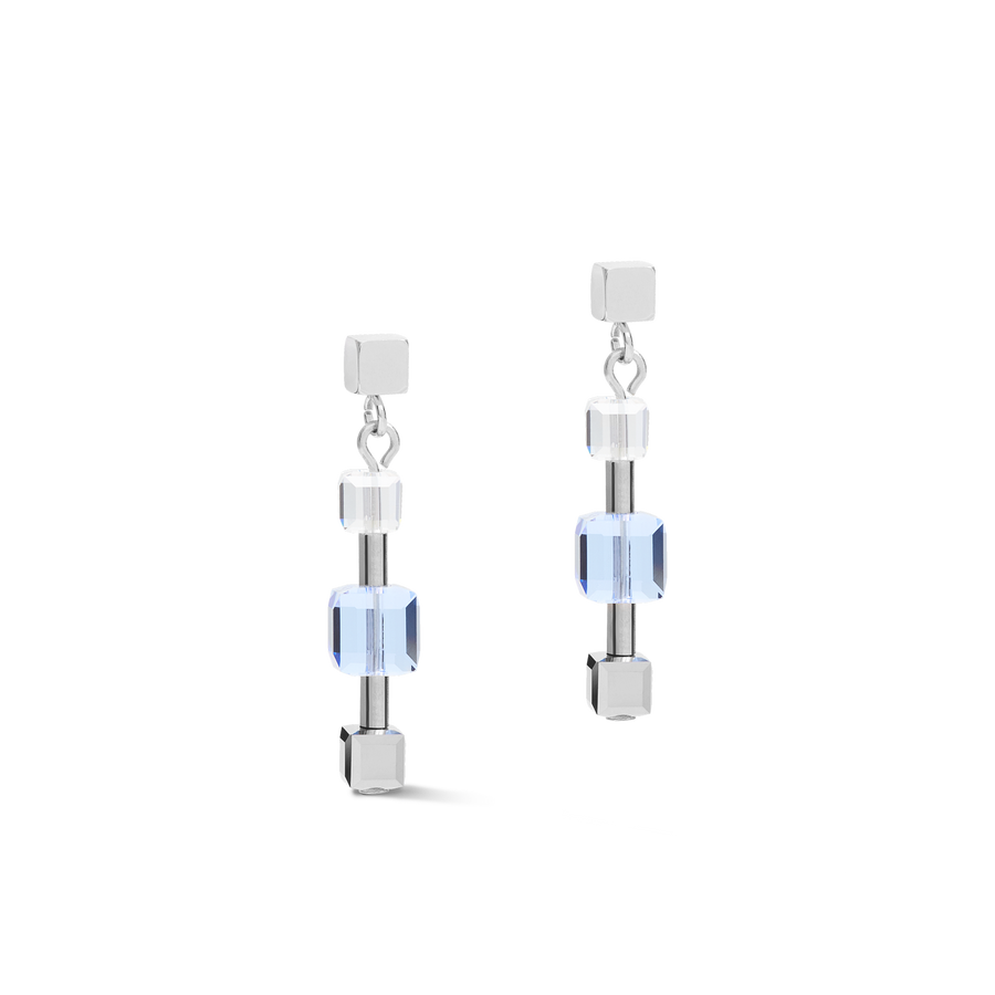 Boucles d'oreille GeoCUBE® chain long acier & Cristaux  argent-bleu
