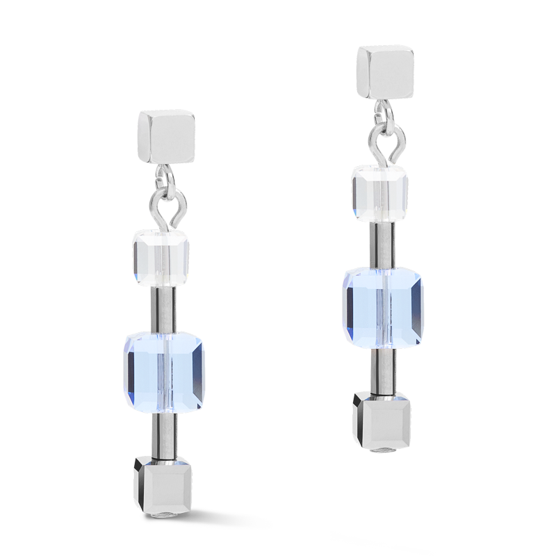 Boucles d'oreille GeoCUBE® chain long acier & Cristaux  argent-bleu