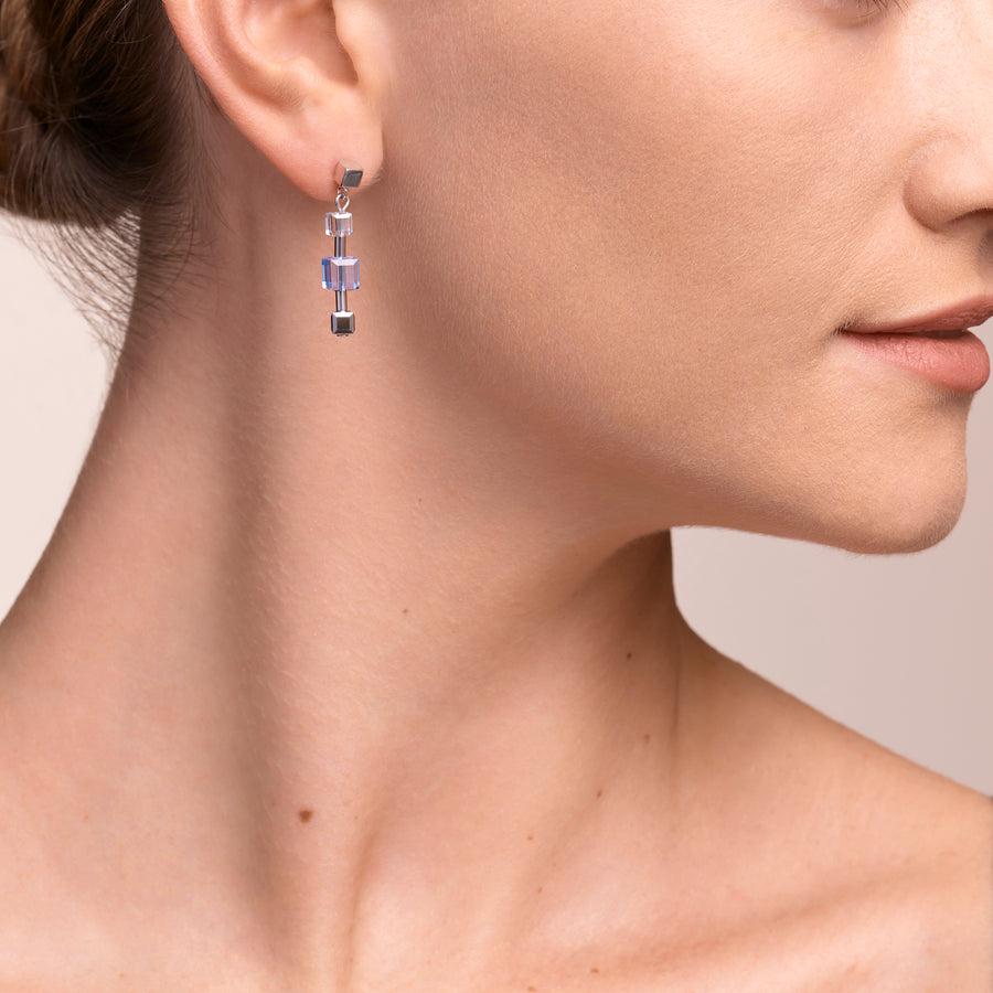 Boucles d'oreille GeoCUBE® chain long acier & Cristaux  argent-bleu