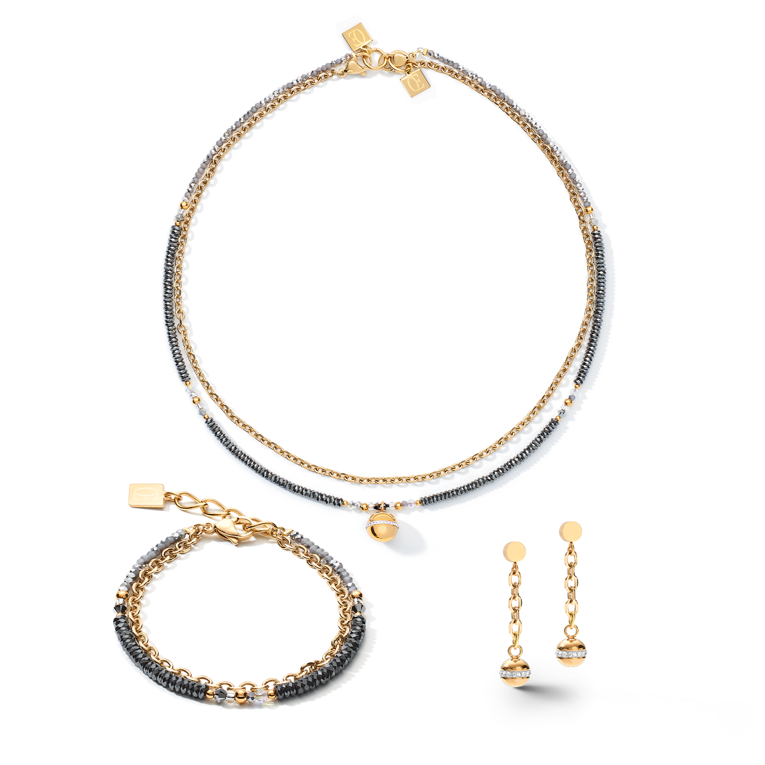 Boucles d'oreille 4-en-1 boule chaîne acier inoxydable & hématite or