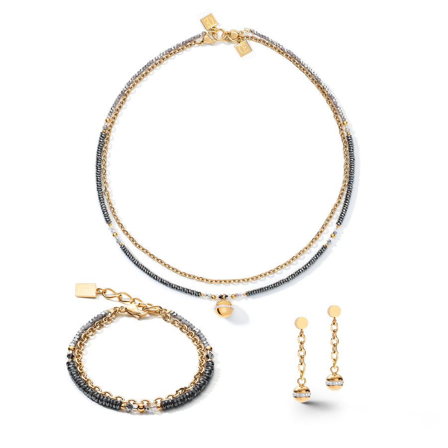 Boucles d'oreille 4-en-1 boule chaîne acier inoxydable & hématite or