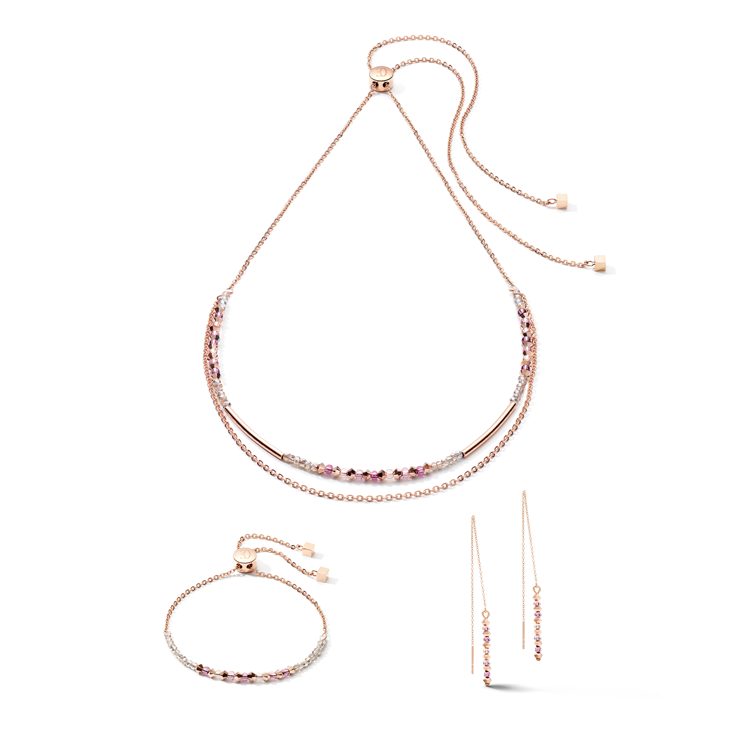 Bracelet 2-layers de cristaux fins et d'acier inoxydable or rose lilas