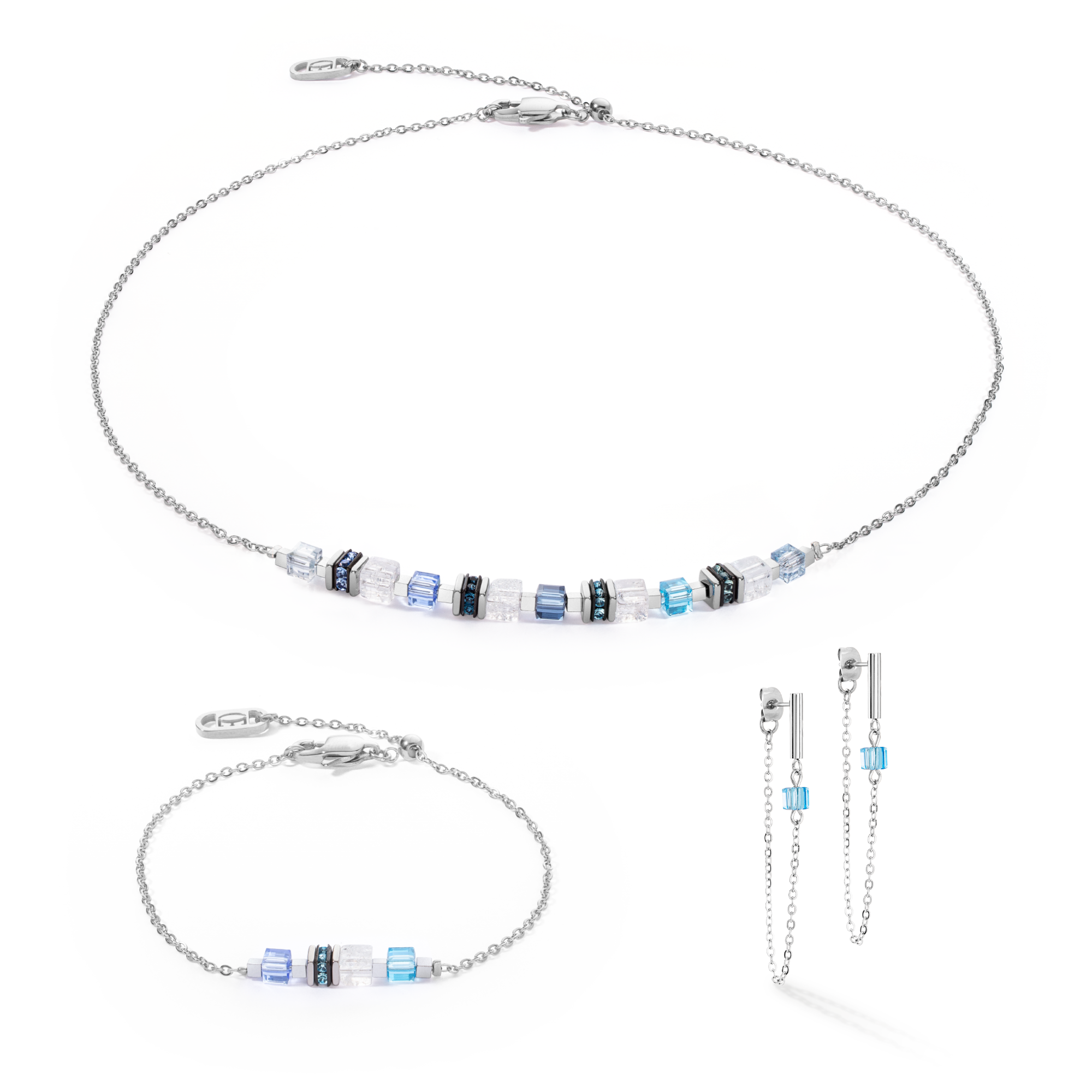 Collier Mini Cubes & Chain argent-bleu